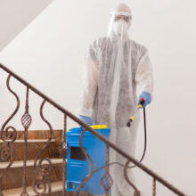 Man spreading disinfectant against covid-19 wearing biohazard costume.